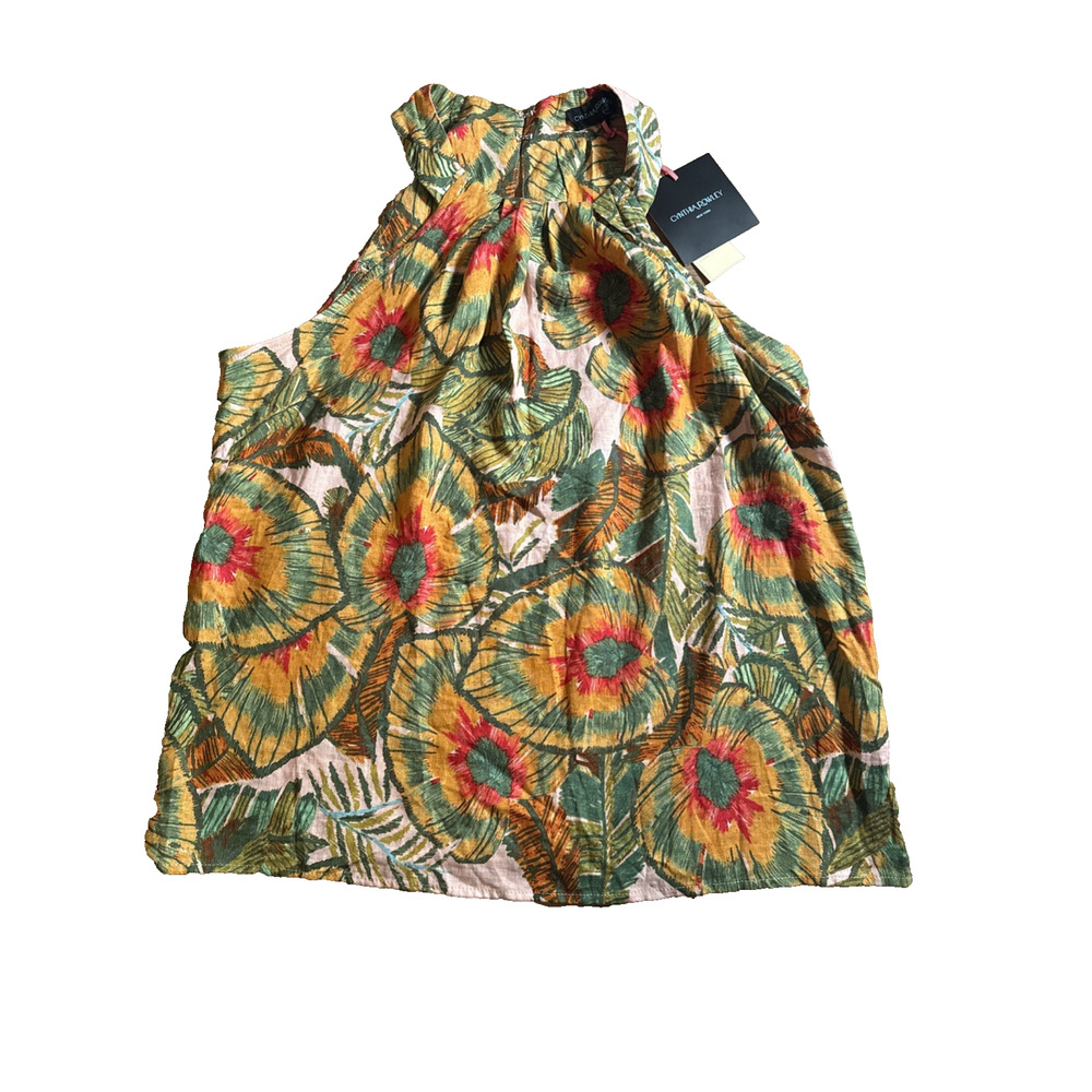 Cynthia Rowley Linen Blend Pleated Tank Top Floral Tropical Print Large NWT